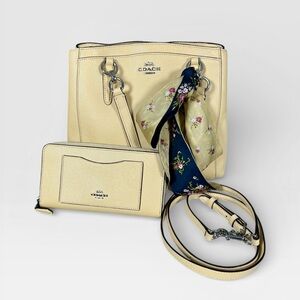 Coach Pale Yellow Leather Tote with Matching Wallet and Floral Scarf